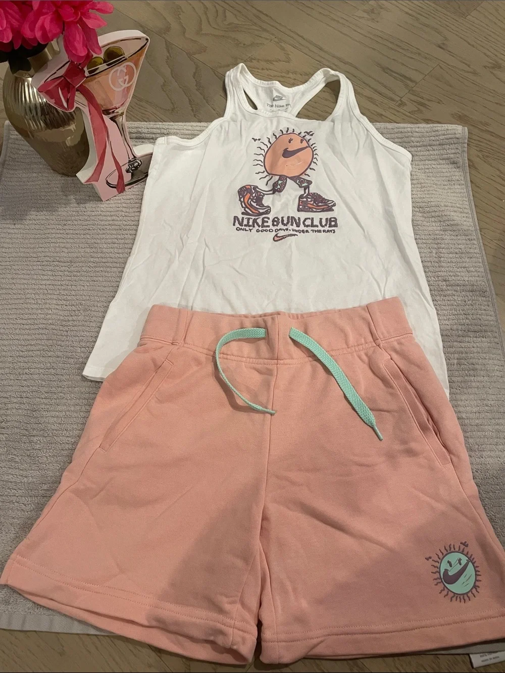 Nike White Tank with Pink Shorts and Mint Drawstring